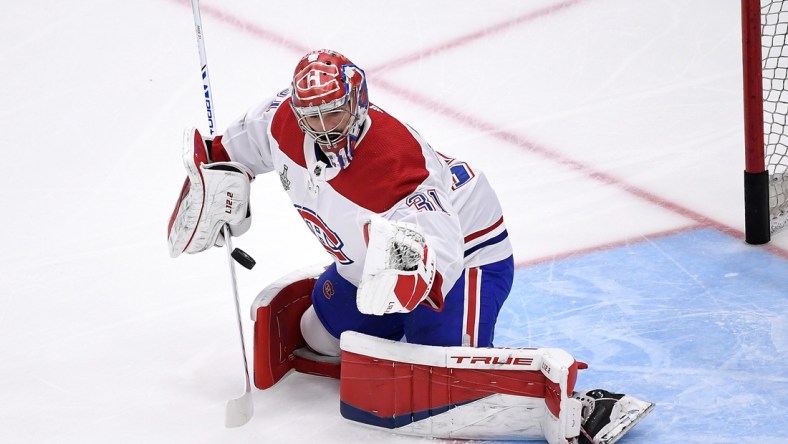 Jul 7, 2021; Tampa, Florida, USA; Montreal Canadiens goaltender Carey Price (31) warms up before game five of the 2021 Stanley Cup Final against the Tampa Bay Lightning at Amalie Arena. Mandatory Credit: Douglas DeFelice-USA TODAY Sports