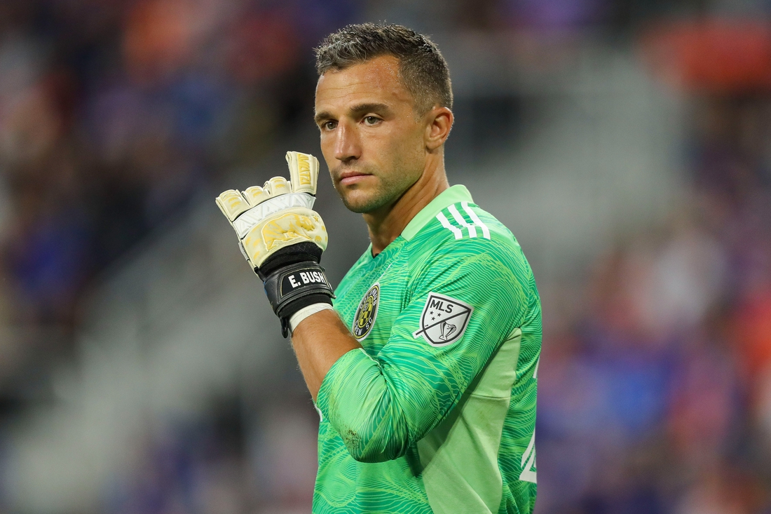 Jul 9, 2021; Cincinnati, OH, USA; Columbus Crew SC goalkeeper Evan Bush (24) during the second half against FC Cincinnati at TQL Stadium. Mandatory Credit: Katie Stratman-USA TODAY Sports