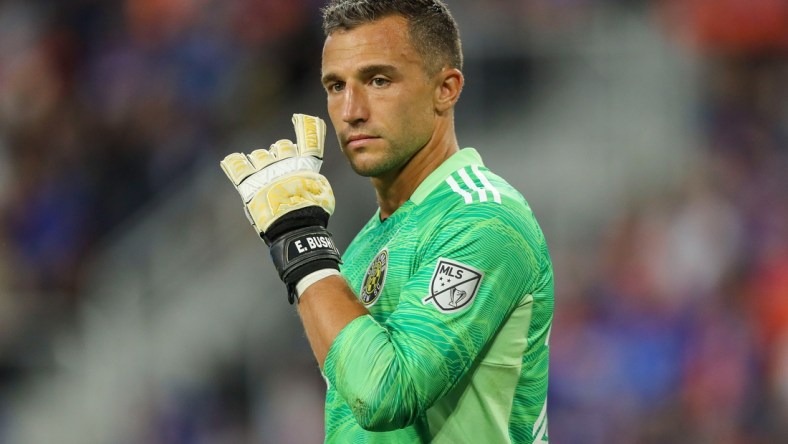 Jul 9, 2021; Cincinnati, OH, USA; Columbus Crew SC goalkeeper Evan Bush (24) during the second half against FC Cincinnati at TQL Stadium. Mandatory Credit: Katie Stratman-USA TODAY Sports