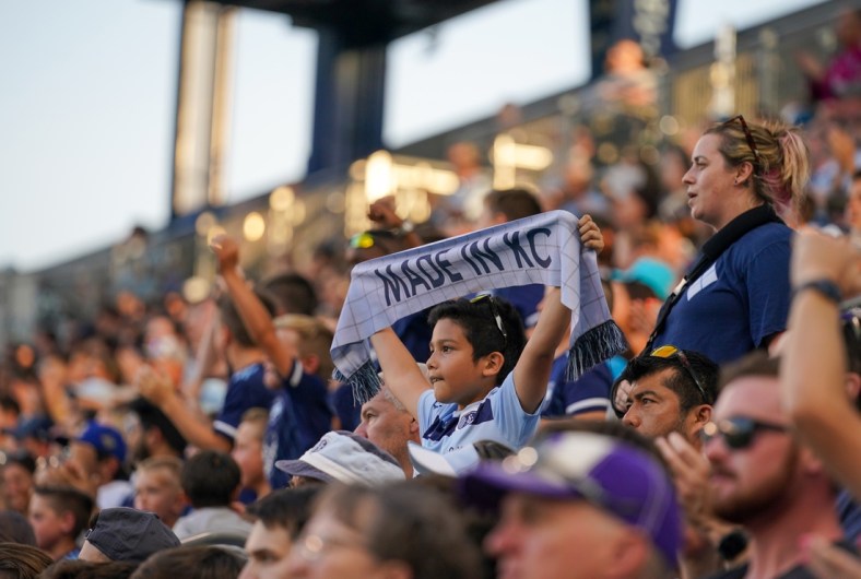 Jun 23, 2021; Kansas City, Kansas, USA; Sporting Kansas City fans show their support during the match against the Colorado Rapids at Children's Mercy Park. Mandatory Credit: Denny Medley-USA TODAY Sports