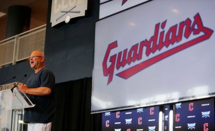Terry Francona, manager of the Cleveland Indians, speaks during a press conference during the club's announcement of the name change to the Cleveland Guardians  at Progressive Field Friday, July 23, 2021 in Cleveland, Ohio.

Indians Guardians01