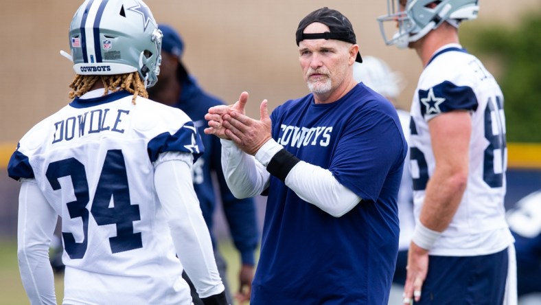 Jul 24, 2021; Oxnard, CA, USA; Dallas Cowboys defensive coordinator Dan Quinn during training camp at the Marriott Residence Inn. Mandatory Credit: Jason Parkhurst-USA TODAY Sports