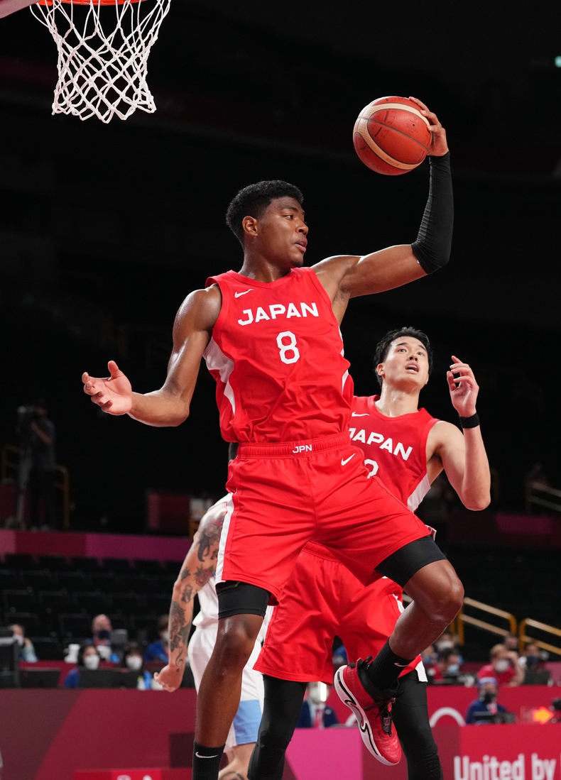 Aug 1, 2021; Saitama, Japan; Japan player Rui Hachimura (8) grabs a rebound while Japan plays Argentina during the Tokyo 2020 Olympic Summer Games at Saitama Super Arena. Mandatory Credit: Kareem Elgazzar-USA TODAY Sports