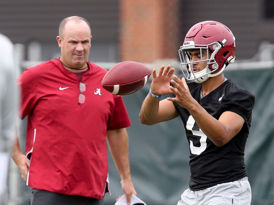 New offensive coordinator Bill O'Brien watches quarterback Bryce Young take a snap during practice. The Alabama Crimson Tide opened practice for the 2021 season as they prepare to defend the 2020 National Championship Friday, Aug. 6, 2021. [Staff Photo/Gary Cosby Jr.]

Alabama First Practice