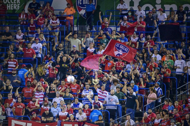 Aug 14, 2021; Frisco, TX, USA; The FC Dallas fans cheer for their team during the second half of the match against Sporting Kansas City at Toyota Stadium. Mandatory Credit: Jerome Miron-USA TODAY Sports