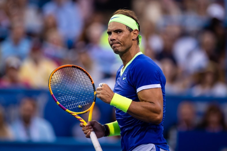 Aug 4, 2021; Washington, DC, USA; Rafael Nadal of Spain celebrates against Jack Sock of the United States (not pictured) during the Citi Open at Rock Creek Park Tennis Center. Mandatory Credit: Scott Taetsch-USA TODAY Sports