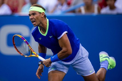 Aug 5, 2021; Washington, DC, USA; Rafael Nadal of Spain serves to Lloyd Harris of South Africa (not pictured) during the Citi Open at Rock Creek Park Tennis Center. Mandatory Credit: Scott Taetsch-USA TODAY Sports