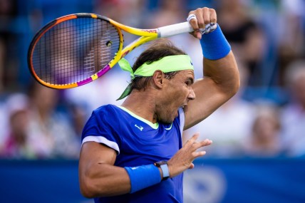 Aug 5, 2021; Washington, DC, USA; Rafael Nadal of Spain in action against Lloyd Harris of South Africa (not pictured) during the Citi Open at Rock Creek Park Tennis Center. Mandatory Credit: Scott Taetsch-USA TODAY Sports
