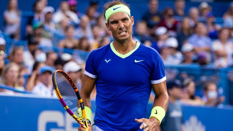 Aug 4, 2021; Washington, DC, USA; Rafael Nadal of Spain reacts against Jack Sock of the United States (not pictured) during the Citi Open at Rock Creek Park Tennis Center. Mandatory Credit: Scott Taetsch-USA TODAY Sports