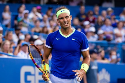 Aug 4, 2021; Washington, DC, USA; Rafael Nadal of Spain reacts against Jack Sock of the United States (not pictured) during the Citi Open at Rock Creek Park Tennis Center. Mandatory Credit: Scott Taetsch-USA TODAY Sports