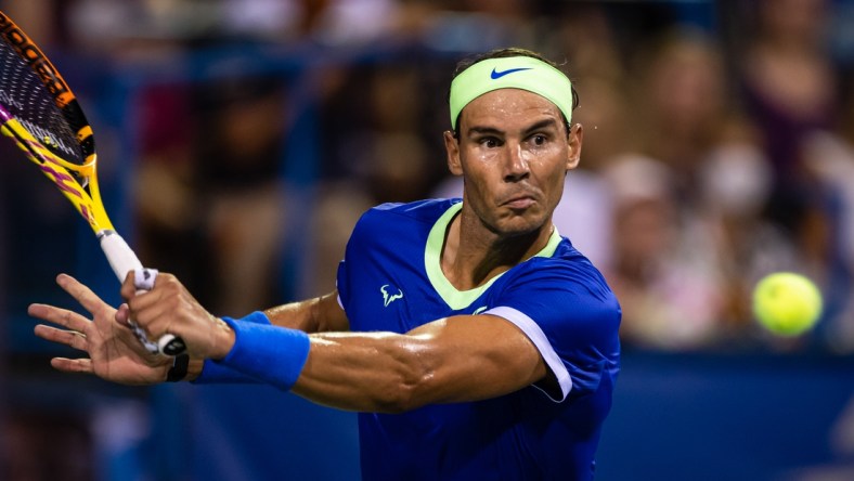 Aug 5, 2021; Washington, DC, USA; Rafael Nadal of Spain hits a backhand against Lloyd Harris of South Africa (not pictured) during the Citi Open at Rock Creek Park Tennis Center. Mandatory Credit: Scott Taetsch-USA TODAY Sports