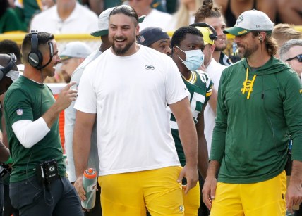 Green Bay Packers quarterback Aaron Rodgers (12), offensive tackle David Bakhtiari (69)  and head coach Matt LeFleur against the New York Jets during their preseason football game on Saturday, August 21, 2021, at Lambeau Field in Green Bay, Wis. Wm. Glasheen USA TODAY NETWORK-Wisconsin

Apc Packers Vs Jets 1027 082121wag