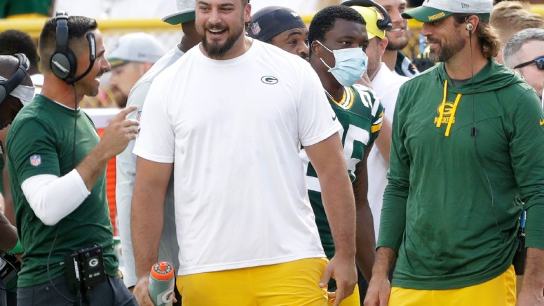 Green Bay Packers quarterback Aaron Rodgers (12), offensive tackle David Bakhtiari (69)  and head coach Matt LeFleur against the New York Jets during their preseason football game on Saturday, August 21, 2021, at Lambeau Field in Green Bay, Wis. Wm. Glasheen USA TODAY NETWORK-Wisconsin

Apc Packers Vs Jets 1027 082121wag