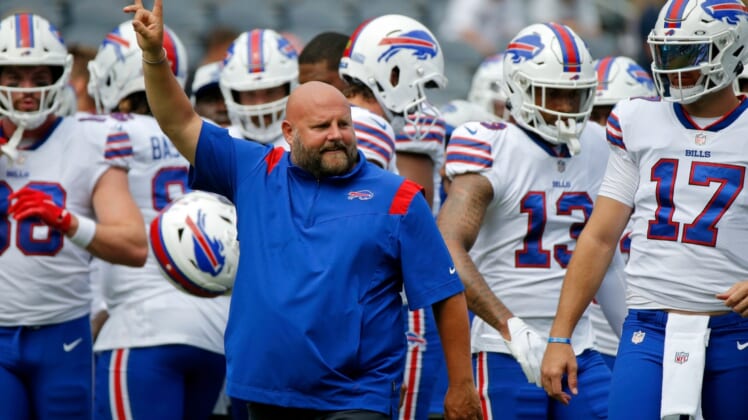 Aug 21, 2021; Chicago, Illinois, USA; Buffalo Bills offensive coordinator Brian Daboll gestures during warmups before the game against the Chicago Bears at Soldier Field. The Buffalo Bills won 41-15. Mandatory Credit: Jon Durr-USA TODAY Sports