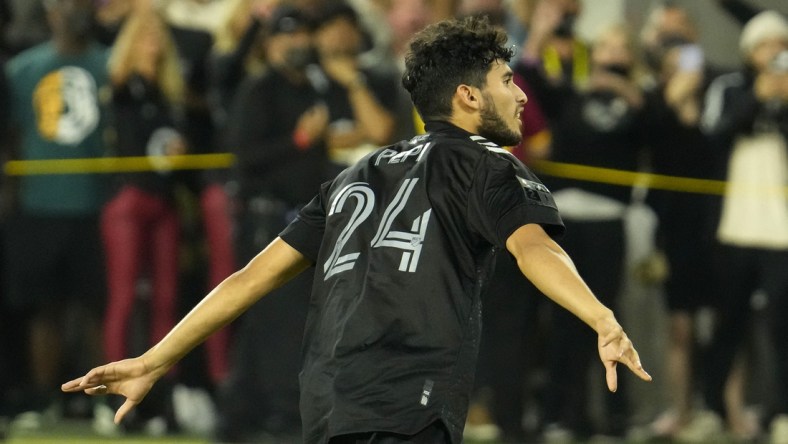 Aug 25, 2021; Los Angeles, CA, USA; MLS All-Stars forward Ricardo Pepi (24) celebrates after scoring the game winning penalty goal against the Liga MX All-Stars during the 2021 MLS All-Star Game at Banc of California Stadium. Mandatory Credit: Robert Hanashiro-USA TODAY Sports