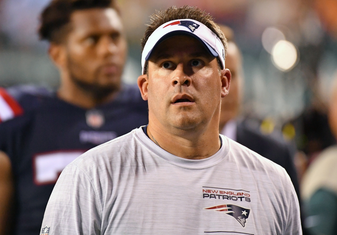 Aug 19, 2021; Philadelphia, Pennsylvania, USA; New England Patriots offensive coordinator Josh McDaniels against the Philadelphia Eagles at Lincoln Financial Field. Mandatory Credit: Eric Hartline-USA TODAY Sports