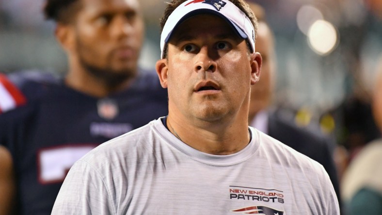 Aug 19, 2021; Philadelphia, Pennsylvania, USA; New England Patriots offensive coordinator Josh McDaniels against the Philadelphia Eagles at Lincoln Financial Field. Mandatory Credit: Eric Hartline-USA TODAY Sports