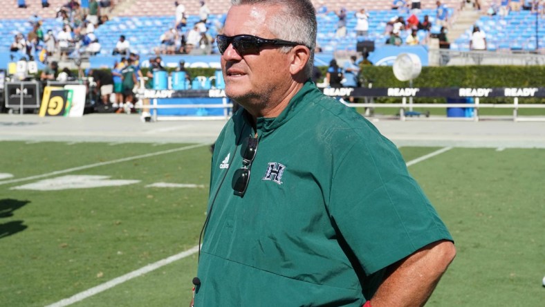 Aug 28, 2021; Pasadena, California, USA; Hawaii Rainbow Warriors  head coach Todd Graham reacts at the end of the game against the UCLA Bruins at Rose Bowl. Mandatory Credit: Kirby Lee-USA TODAY Sports