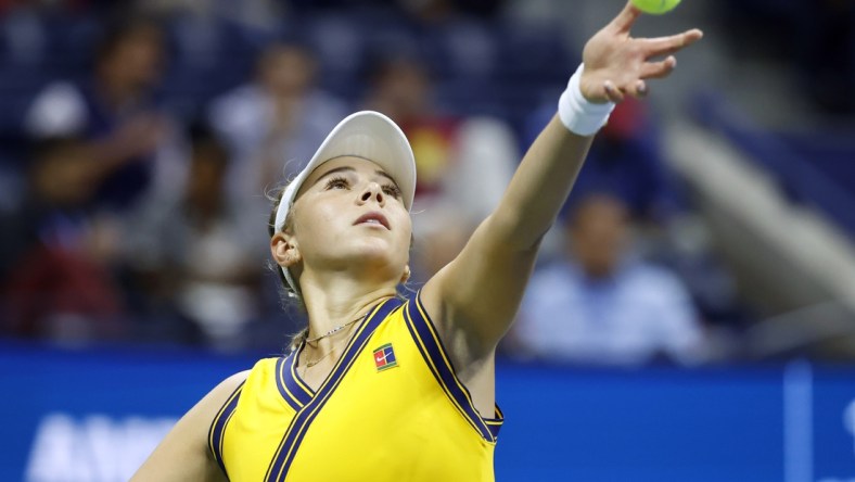 Amanda Anisimova of the United States serves against Karolina Pliskova of Czech Republic in a second round match on day four of the 2021 U.S. Open tennis tournament at USTA Billie Jean King National Tennis Center. Mandatory Credit: Jerry Lai-USA TODAY Sports