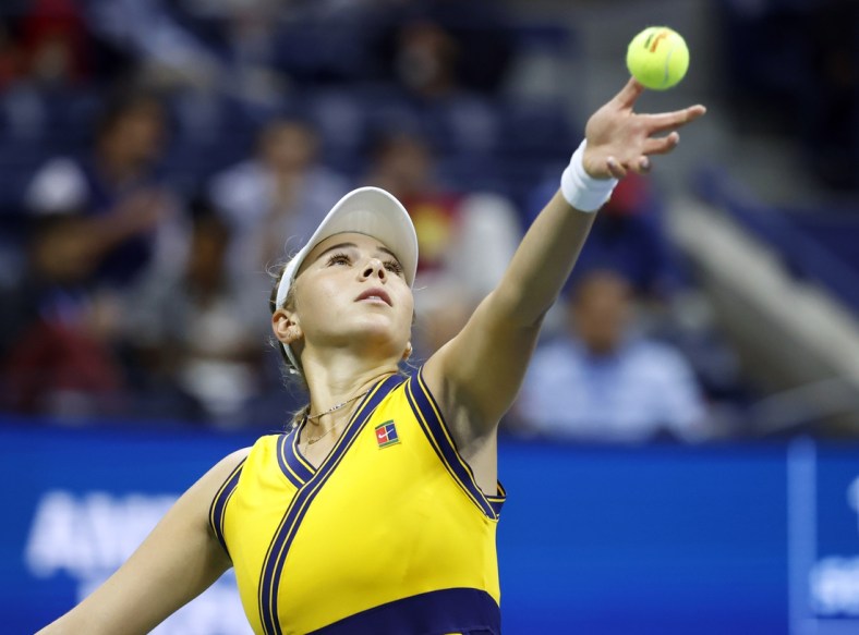 Amanda Anisimova of the United States serves against Karolina Pliskova of Czech Republic in a second round match on day four of the 2021 U.S. Open tennis tournament at USTA Billie Jean King National Tennis Center. Mandatory Credit: Jerry Lai-USA TODAY Sports