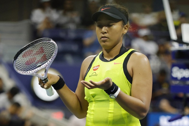 Sep 3, 2021; Flushing, NY, USA; Naomi Osaka of Japan gestures after missing a shot against Leylah Annie Fernandez of Canada (not pictured) on day five of the 2021 U.S. Open tennis tournament at USTA Billie Jean King National Tennis Center. Mandatory Credit: Geoff Burke-USA TODAY Sports