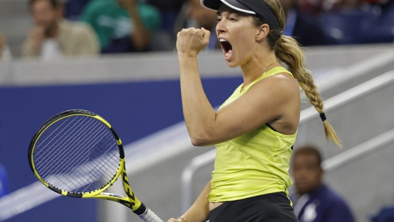 Sep 3, 2021; Flushing, NY, USA; Danielle Collins of the United States reacts after winning a point against Arnya Sabalenka of Belarus (not pictured) on day five of the 2021 U.S. Open tennis tournament at USTA Billie Jean King National Tennis Center. Mandatory Credit: Geoff Burke-USA TODAY Sports