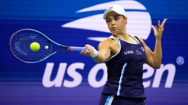 Sep 4, 2021; Flushing, NY, USA; Ashleigh Barty of Australia hits to Shelby Rogers of the USA on day six of the 2021 U.S. Open tennis tournament at USTA Billie Jean King National Tennis Center. Mandatory Credit: Robert Deutsch-USA TODAY Sports