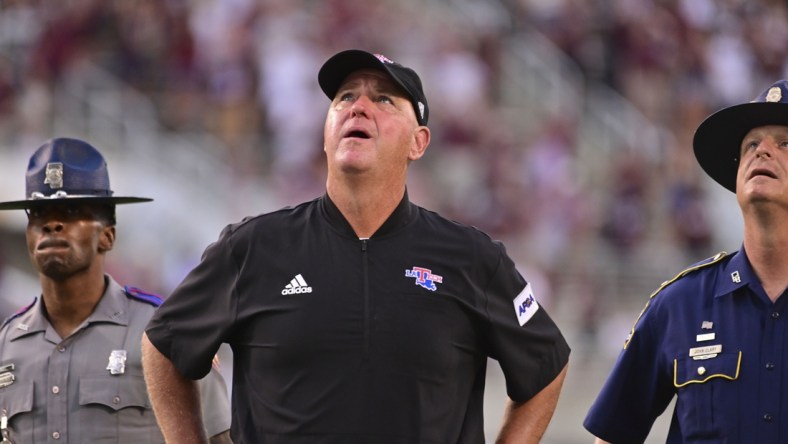 Sep 4, 2021; Starkville, Mississippi, USA; Louisiana Tech Bulldogs head coach Skip Holtz  reacts as he watches a replay of the final play of the game against the Mississippi State Bulldogs at Davis Wade Stadium at Scott Field. Mandatory Credit: Matt Bush-USA TODAY Sports