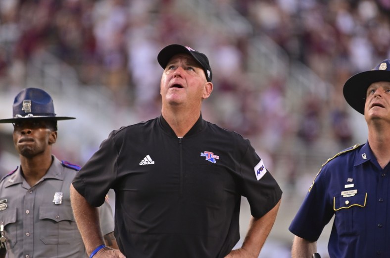 Sep 4, 2021; Starkville, Mississippi, USA; Louisiana Tech Bulldogs head coach Skip Holtz  reacts as he watches a replay of the final play of the game against the Mississippi State Bulldogs at Davis Wade Stadium at Scott Field. Mandatory Credit: Matt Bush-USA TODAY Sports