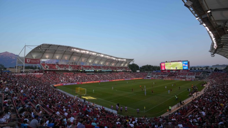 Sep 4, 2021; Sandy, Utah, USA; A general overall view of Rio Tinto Stadium during the MLS game between the Real Salt Lake and the FC Dallas. Mandatory Credit: Kirby Lee-USA TODAY Sports