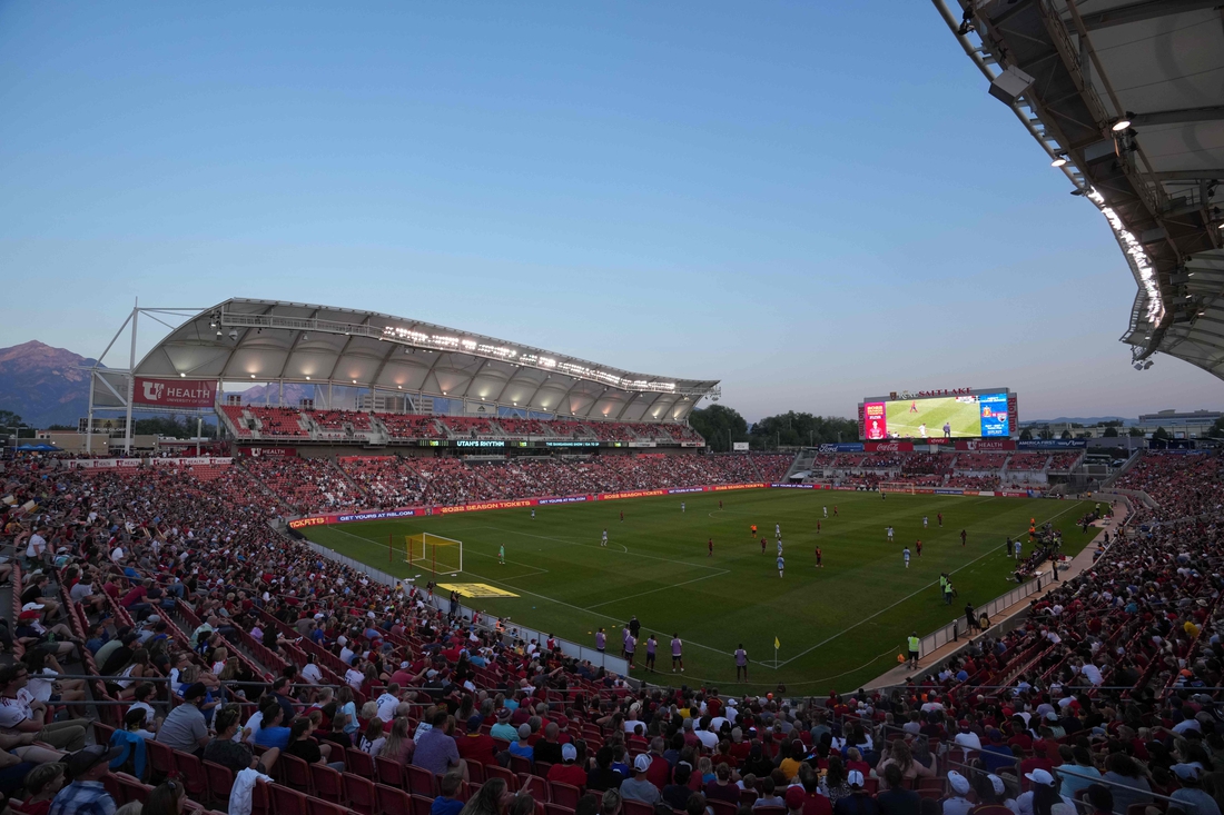 Sep 4, 2021; Sandy, Utah, USA; A general overall view of Rio Tinto Stadium during the MLS game between the Real Salt Lake and the FC Dallas. Mandatory Credit: Kirby Lee-USA TODAY Sports