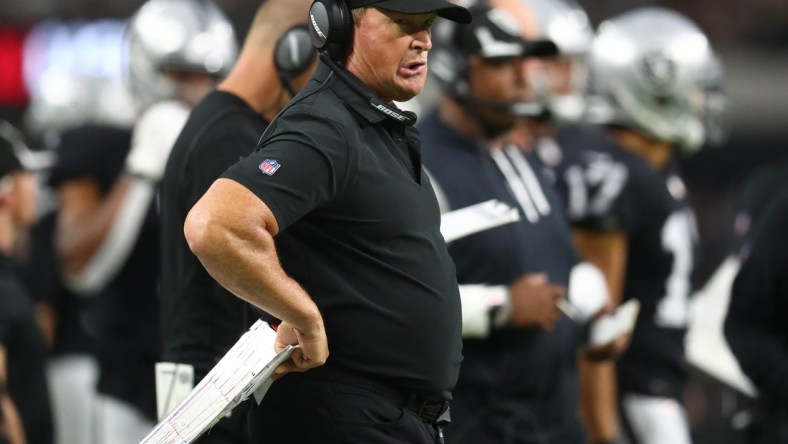 Sep 13, 2021; Paradise, Nevada, USA; Las Vegas Raiders head coach Jon Gruden watches game action against the Baltimore Ravens during the first half at Allegiant Stadium. Mandatory Credit: Mark J. Rebilas-USA TODAY Sports