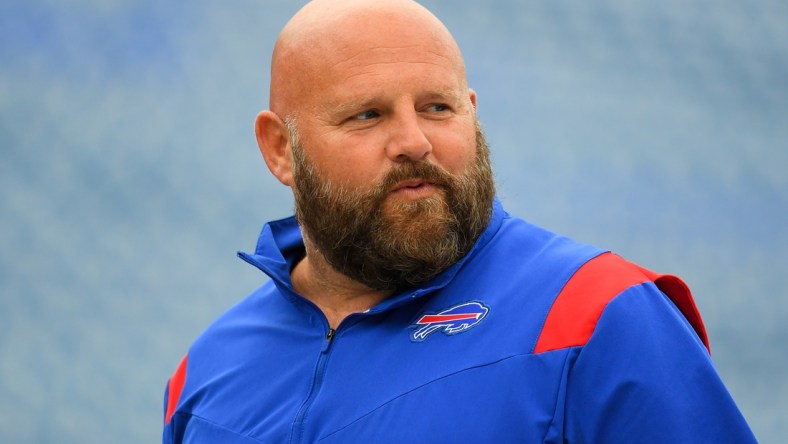 Sep 12, 2021; Orchard Park, New York, USA; Buffalo Bills offensive coordinator Brian Daboll looks on prior to the game against the Pittsburgh Steelers at Highmark Stadium. Mandatory Credit: Rich Barnes-USA TODAY Sports