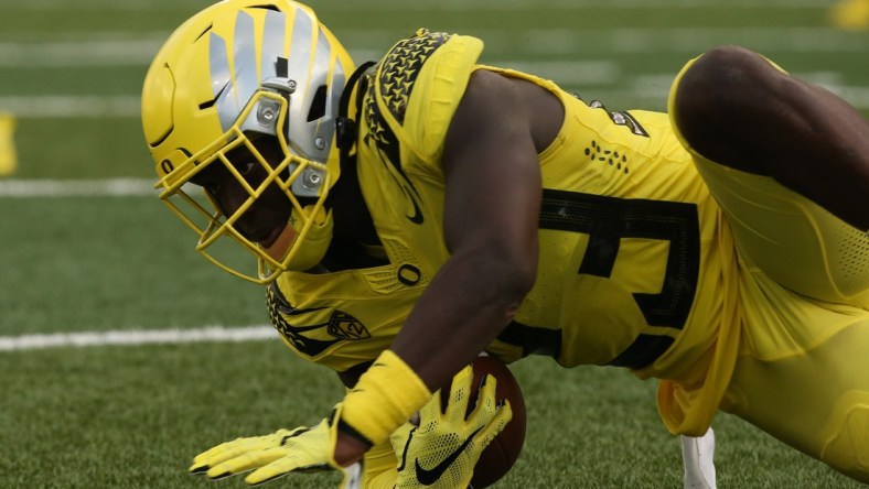 Oregon's Verone McKinley III comes up with an interception at the goal line against Stony Brook during the second quarter.

Eug 091821 Oregonfb 12