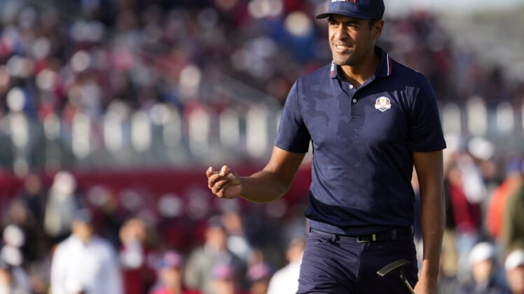 Sep 25, 2021; Haven, Wisconsin, USA; Team USA player Tony Finau reacts to his putt on the 15th green during day two four-ball rounds for the 43rd Ryder Cup golf competition at Whistling Straits. Mandatory Credit: Michael Madrid-USA TODAY Sports