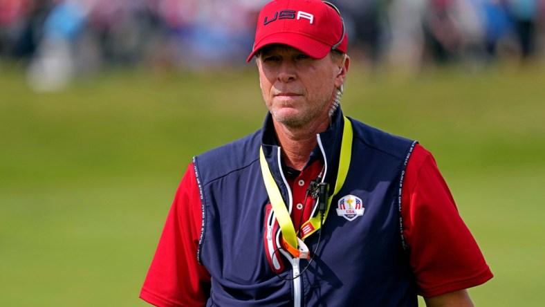 Sep 26, 2021; Haven, Wisconsin, USA; Team USA captain Steve Stricker on the first hole during day two four-ball rounds for the 43rd Ryder Cup golf competition at Whistling Straits. Mandatory Credit: Kyle Terada-USA TODAY Sports