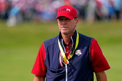 Sep 26, 2021; Haven, Wisconsin, USA; Team USA captain Steve Stricker on the first hole during day two four-ball rounds for the 43rd Ryder Cup golf competition at Whistling Straits. Mandatory Credit: Kyle Terada-USA TODAY Sports