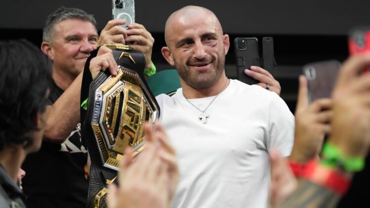 Sep 26, 2021; Paradise, Nevada, USA; UFC featherweight champion mixed martial artist Alexander Volkanovski at Allegiant Stadium.The Raiders defeated the Dolphins 31-28 in overtime. Mandatory Credit: Kirby Lee-USA TODAY Sports