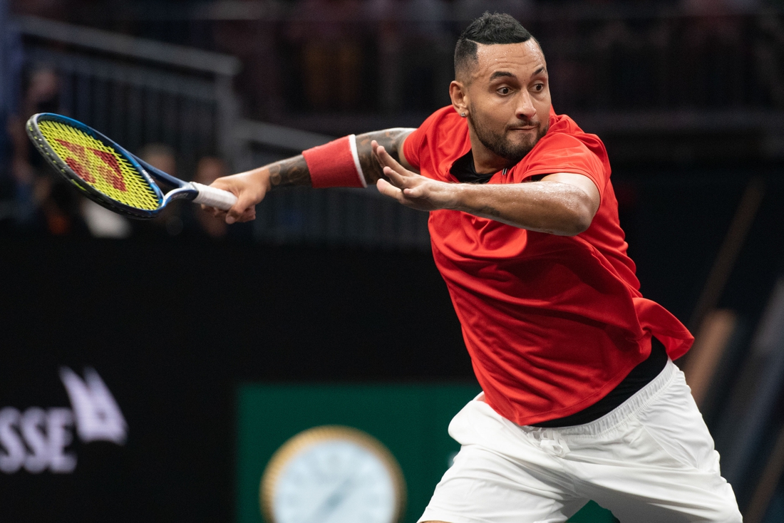 Sep 25, 2021; Boston, MA, USA; Team World player Nick Kyrgios in action during his match against Team Europe player Stefanos Tsitsipas at TD Garden. Stefanos Tsitsipas wins the match 6-3, 6-4. Mandatory Credit: Richard Cashin-USA TODAY Sports