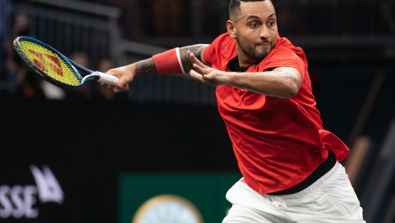 Sep 25, 2021; Boston, MA, USA; Team World player Nick Kyrgios in action during his match against Team Europe player Stefanos Tsitsipas at TD Garden. Stefanos Tsitsipas wins the match 6-3, 6-4. Mandatory Credit: Richard Cashin-USA TODAY Sports