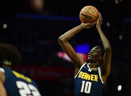 Oct 4, 2021; Los Angeles, California, USA; Denver Nuggets center Bol Bol (10) shoots a free throw against the Los Angeles Clippers during the second half at Staples Center. Mandatory Credit: Gary A. Vasquez-USA TODAY Sports