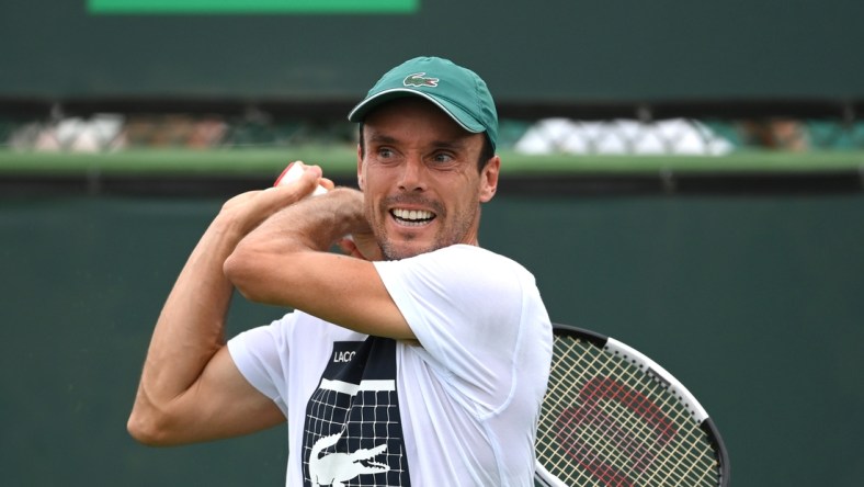 Oct 6, 2021; Indian Wells, CA, USA; Roberto Bautista Agut (ESP) plays on the practice courts during the BNP Paribas Open at the Indian Wells Tennis Garden. Mandatory Credit: Jayne Kamin-Oncea-USA TODAY Sports