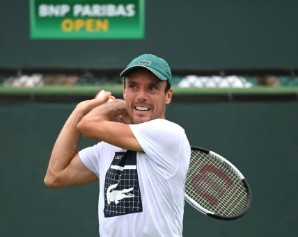 Oct 6, 2021; Indian Wells, CA, USA; Roberto Bautista Agut (ESP) plays on the practice courts during the BNP Paribas Open at the Indian Wells Tennis Garden. Mandatory Credit: Jayne Kamin-Oncea-USA TODAY Sports