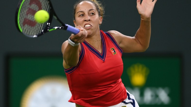 Oct 6, 2021; Indian Wells, CA, USA; Madison Keys (USA) hits a shot during her first round match against Kaia Kanepi (EST) during the BNP Paribas Open at the Indian Wells Tennis Garden. Mandatory Credit: Jayne Kamin-Oncea-USA TODAY Sports