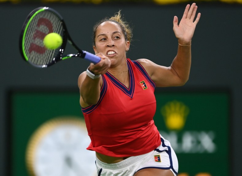 Oct 6, 2021; Indian Wells, CA, USA; Madison Keys (USA) hits a shot during her first round match against Kaia Kanepi (EST) during the BNP Paribas Open at the Indian Wells Tennis Garden. Mandatory Credit: Jayne Kamin-Oncea-USA TODAY Sports
