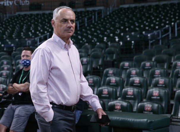 Oct 7, 2021; Houston, Texas, USA; MLB commissioner Rob Manfred in attendance before game one of the 2021 ALDS between the Houston Astros and the Chicago White Sox at Minute Maid Park. Mandatory Credit: Troy Taormina-USA TODAY Sports