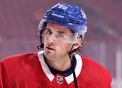 Oct 7, 2021; Montreal, Quebec, CAN; Montreal Canadiens defenseman Chris Wideman (20) during the warm-up session before the game against Ottawa Senators at Bell Centre. Mandatory Credit: Jean-Yves Ahern-USA TODAY Sports