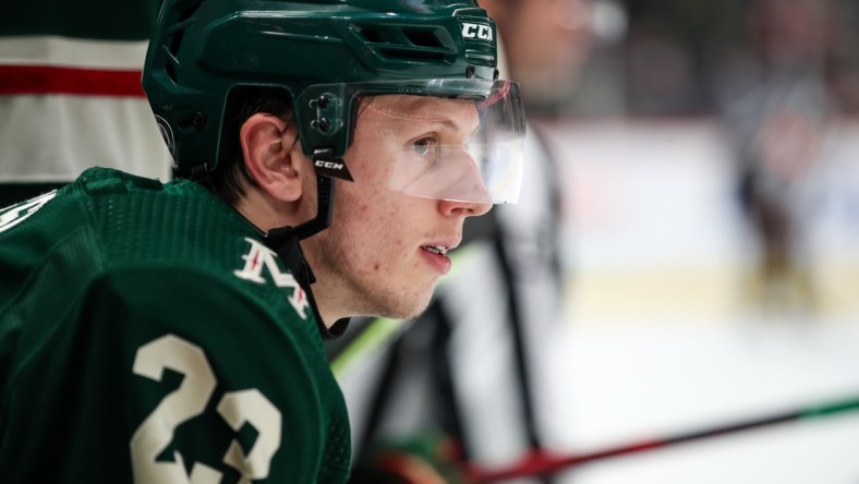 Oct 7, 2021; Saint Paul, Minnesota, USA; Minnesota Wild center Marco Rossi (23) looks on against the Chicago Blackhawks in the third period at Xcel Energy Center. Mandatory Credit: David Berding-USA TODAY Sports