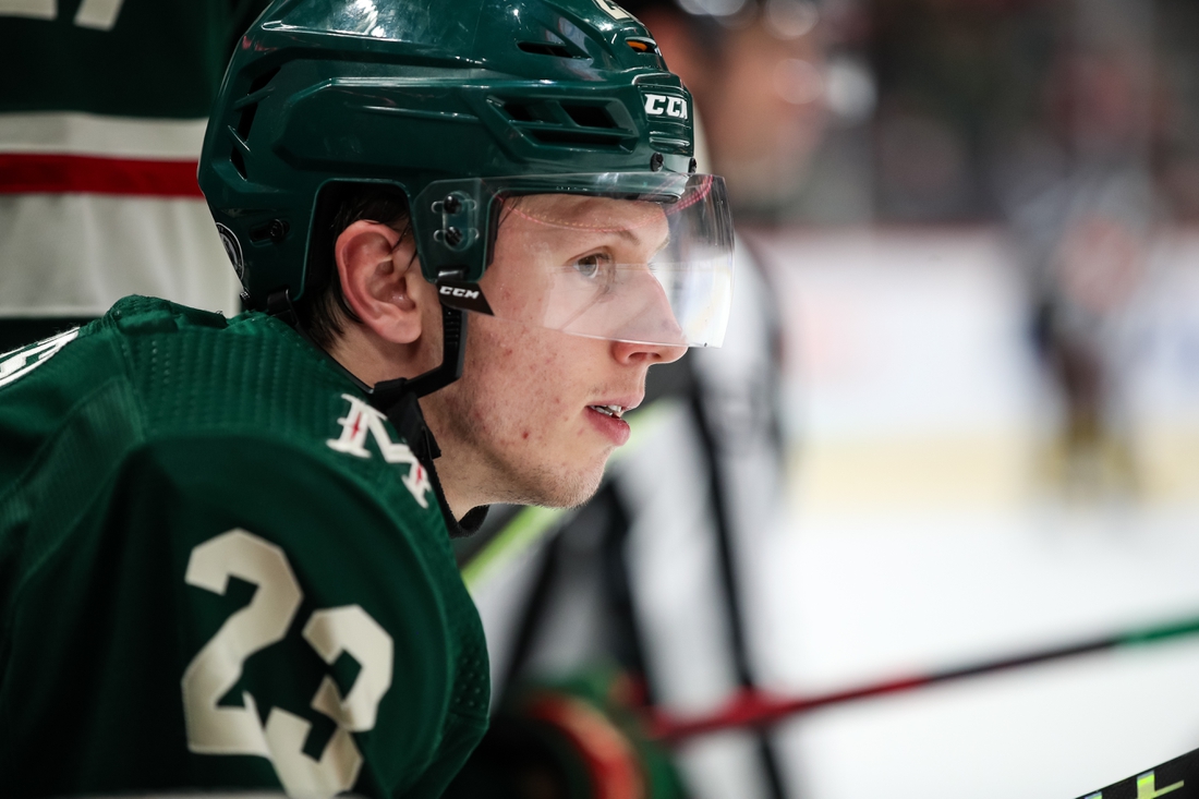 Oct 7, 2021; Saint Paul, Minnesota, USA; Minnesota Wild center Marco Rossi (23) looks on against the Chicago Blackhawks in the third period at Xcel Energy Center. Mandatory Credit: David Berding-USA TODAY Sports