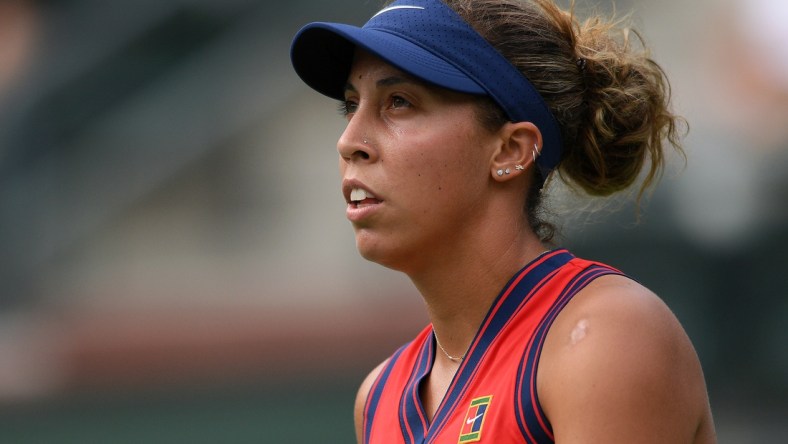 Oct 8, 2021; Indian Wells, CA, USA; Madison Keys (USA) looks on against Anastasia Pavlyuchenkova (RUS) at Indian Wells Tennis Garden. Mandatory Credit: Orlando Ramirez-USA TODAY Sports